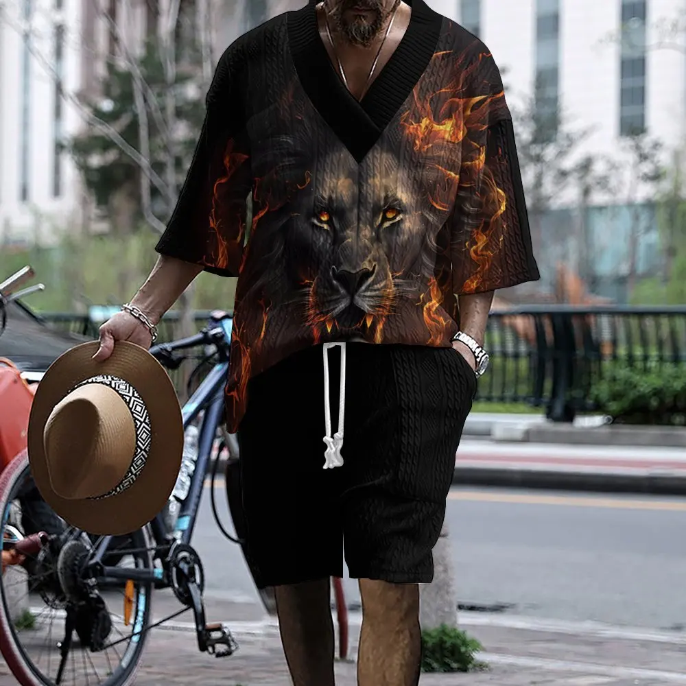 

2024 New European-style Men's Set Summer Lion King 3D Printed Men's Clothing Casual Half-sleeve T-shirt And Shorts Two-piece Set