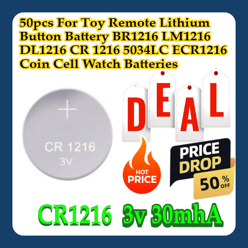 

50pcs For Toy Remote 3V CR1216 Lithium Button Battery BR1216 LM1216 DL1216 CR 1216 5034LC ECR1216 Coin Cell Watch Batteries