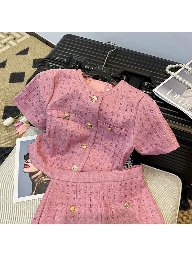 2024 Summer Women Fashion Brand Short Sleeve Two Piece Sets Coat + Mini Short Casual Streetwear Pink Color Female Short Suits