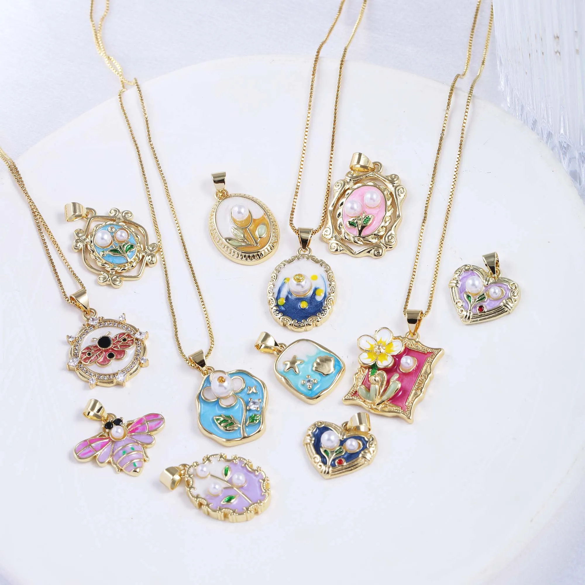 New Arrival Stylish Romantic Enamel  French Monet Garden Oil Painting Dainty Charms,Freshwater Pearl Flower Pendant Necklace