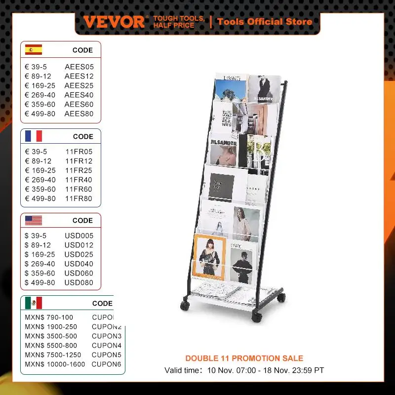 VEVOR Brochure Display Rack 4/6-Tier Magazine Literature Display Stand Floor Standing Magazine Rack Newspaper Catalog Holders