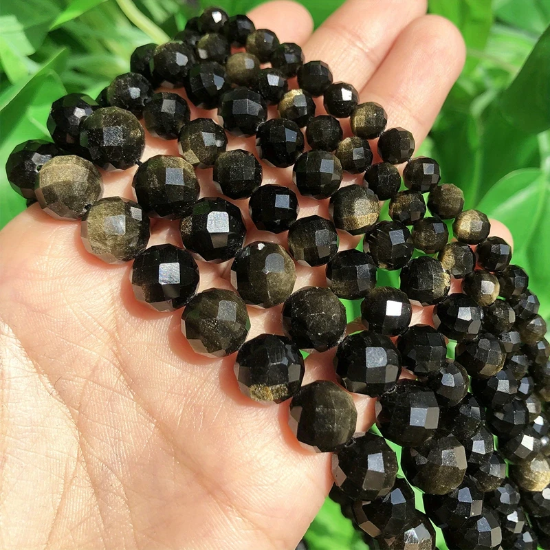 Natural Stone Faceted Gold Obsidian Labradorite Rose Quartz Round Spacer Beads For Jewelry Making DIY Bracelet Necklace 6/8/10mm