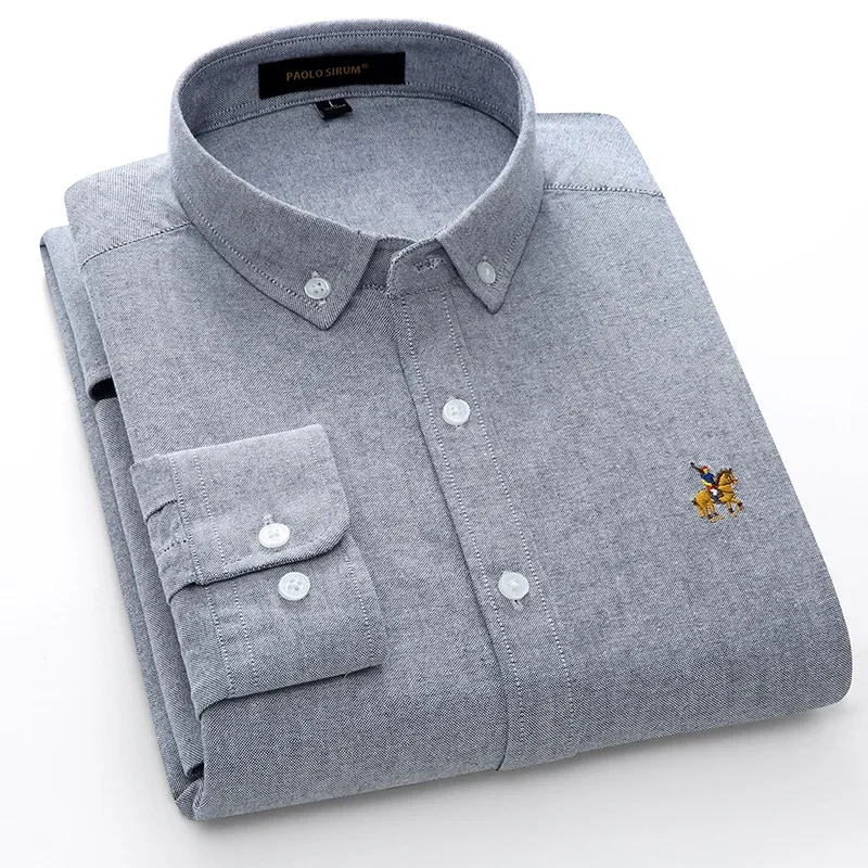 Amazon Foreign Trade European Style Pure Cotton Oxford Men's Long Sleeve Solid Color Shirt Cross-border Cotton Embroidery Shirt