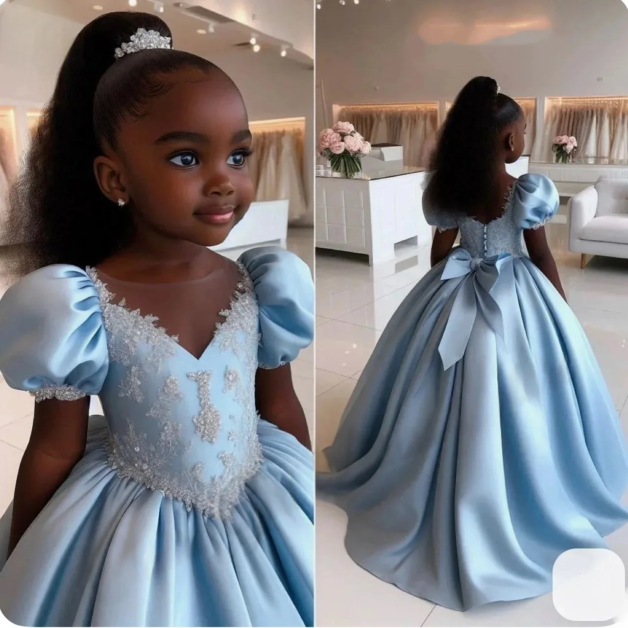JDY Custom Flower Girl Dress Wedding Gown Birthday Party Pageant Dress Puff Sleeve Lace Beaded Satin Bow Ball Gown For Girls