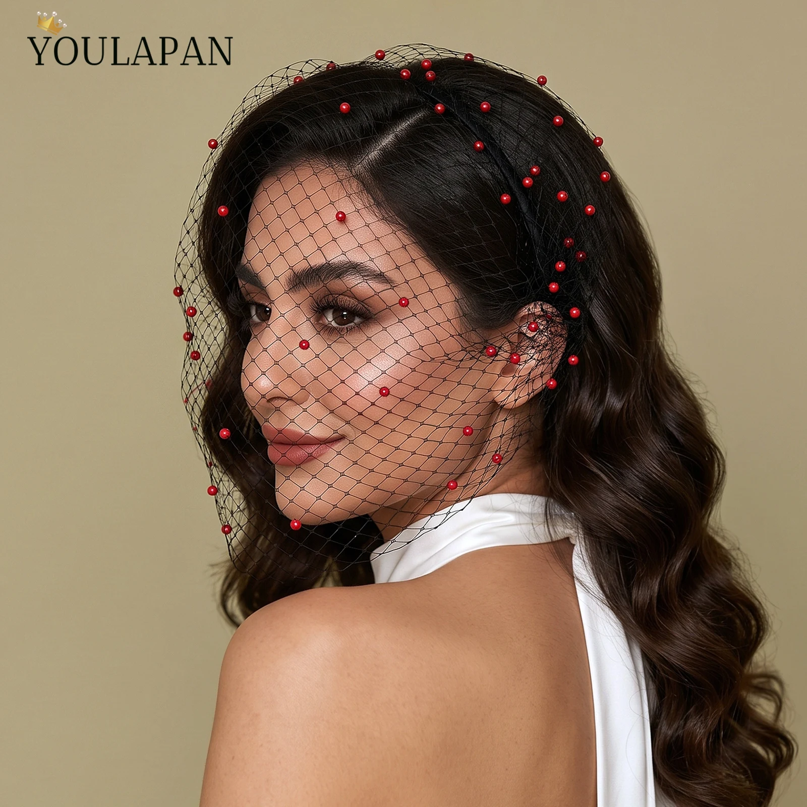 TOPQUEEN Red Pearl Birdcage Veil With Blusher Veil Women'S Headband Cage Veil Face Veil Bridal Accessories Va44