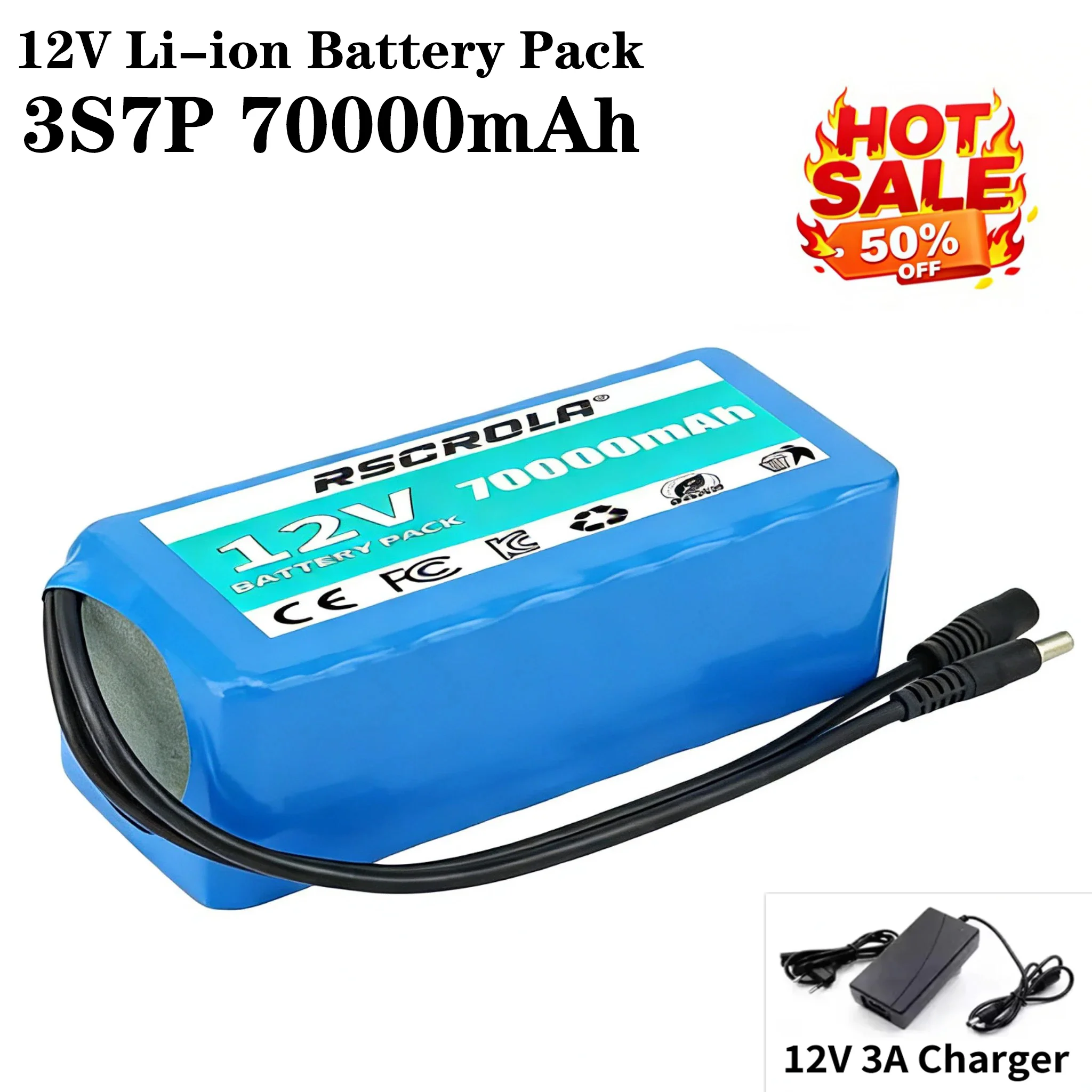 12V 70000mAh 18650 Battery Pack 3S7P Lithium Ion Rechargeable Battery with BMS 12.6V Replacement for Power Tool Vacuum Cleaner