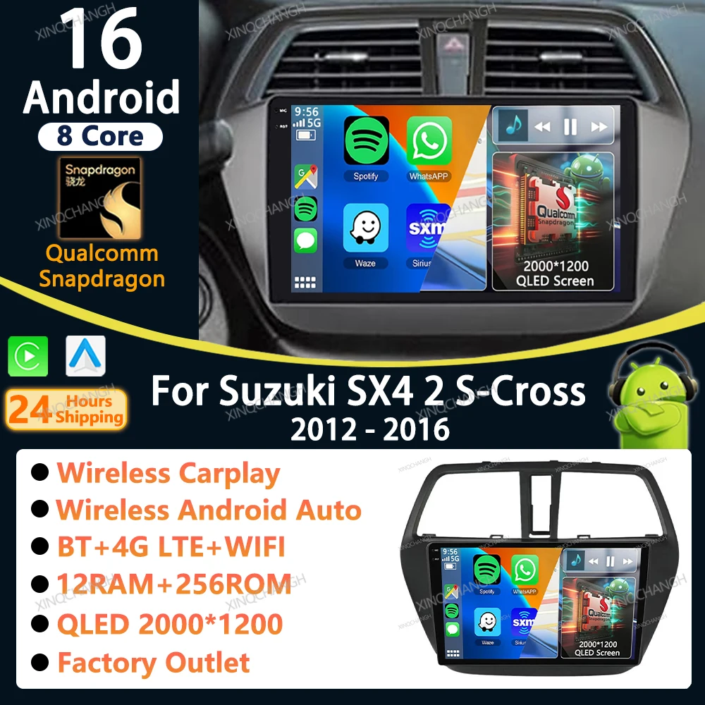 Android 16 Car Radio Carplay Auto For Suzuki SX4 2 S-Cross 2012 - 2016 Head Unit Player Accessories Dash Fitting Panel Kit Video