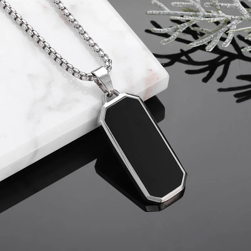 High Quality Stainless Steel Classic Black Rectangular Pendant Necklace for Men and Women Fashion Casual Party Jewelry