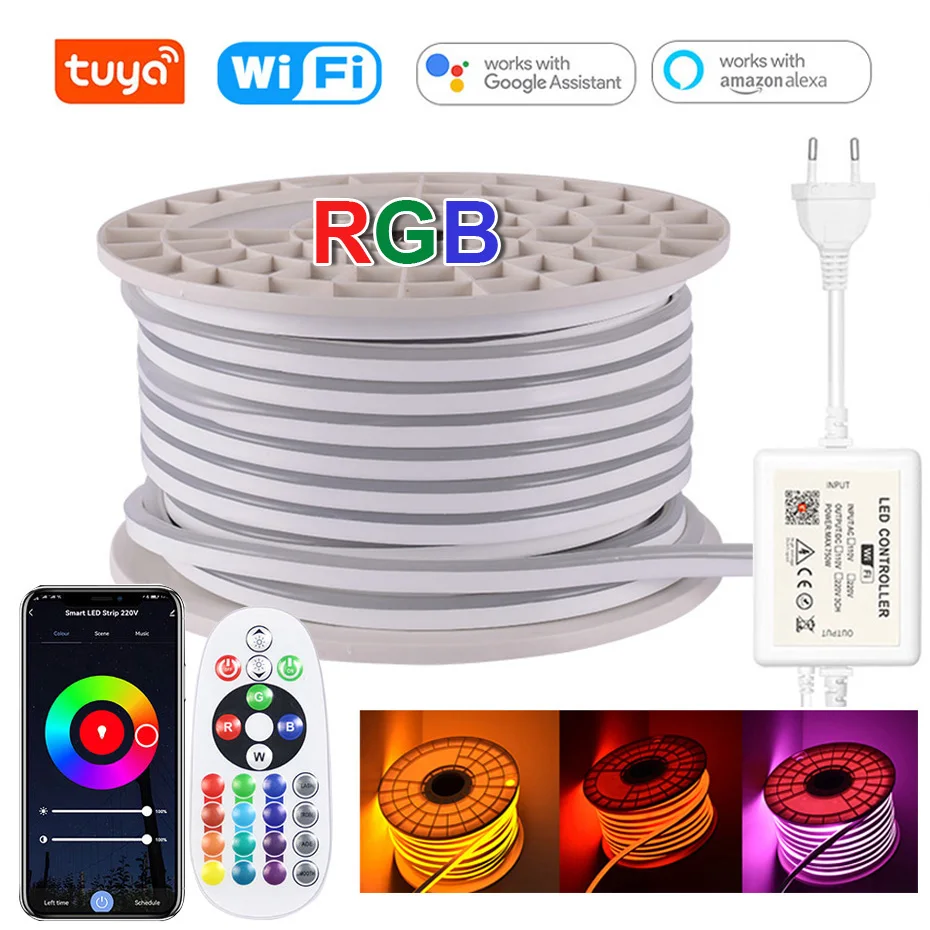 Tuya Smart LED Neon Strip Light 220V RGB Flexible Tape SMD 5050 Waterproof Ribbon Bluetooth/Wifi Control Work With Alexa Google