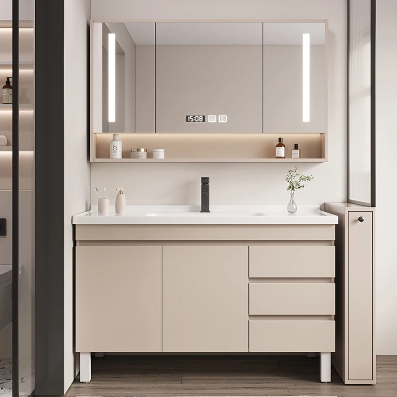 

Умный шкаф для ванной комнаты с подсветкой, из массива дерева, с зеркалом, функцией осушения, интегрированной керамической раковиной, современная напольная мебель для туалета и умывальника