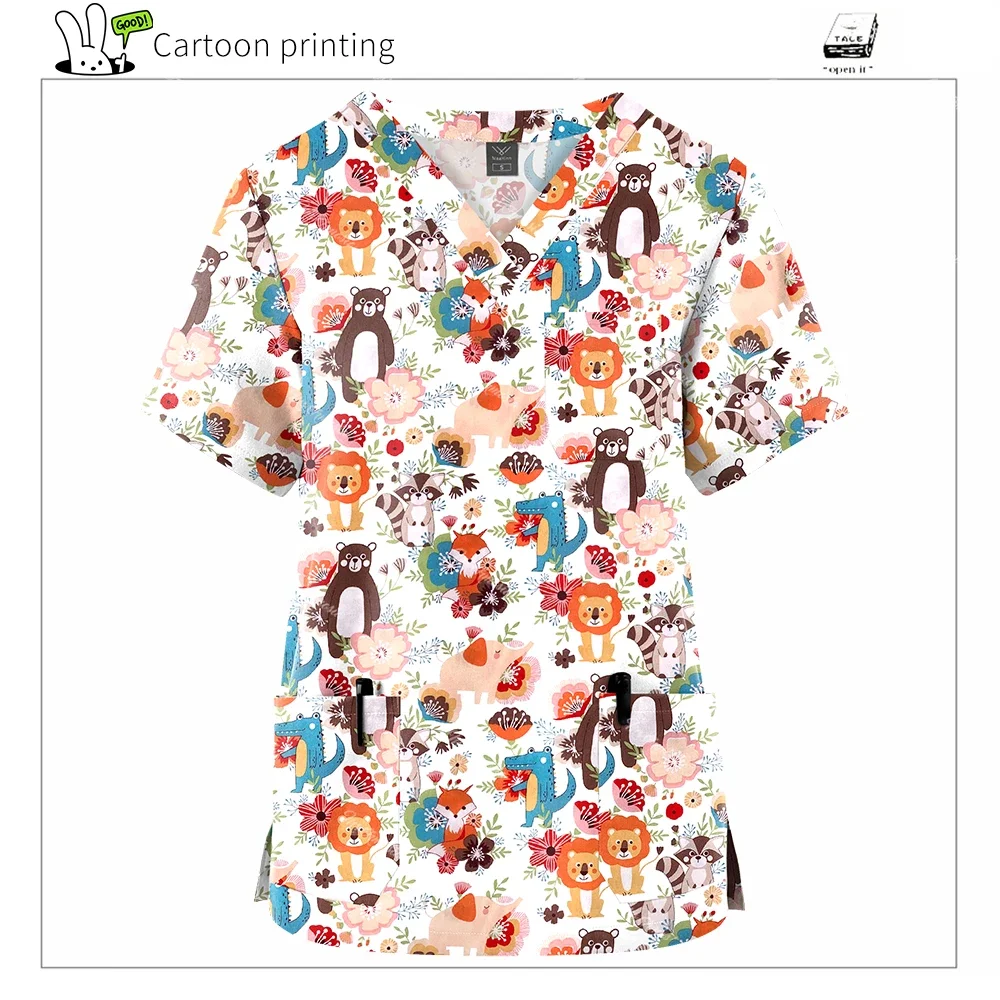 Uniforme de enfermera con estampado de alta calidad, Tops médicos de algodón con 3 bolsillos, ropa de trabajo para pediatra de dibujos animados, camiseta de trabajo para mascotas y Hospital