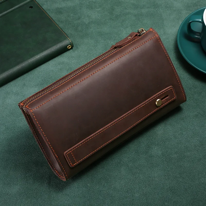 Men's Clutches Long Handbag Business Vintage Cow Leather Man Long Wallet For Men And Woman Zipper Purse