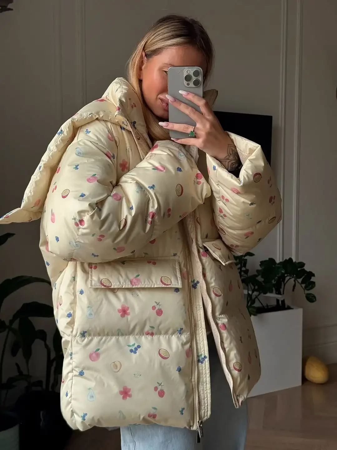 أنيقة سيدة مطبوعة مقنعين معطف القطن الوقوف طوق كم كامل جيب فضفاض دافئ ملابس خارجية النساء 2025 الشتاء اليومية تخفيف معاطف