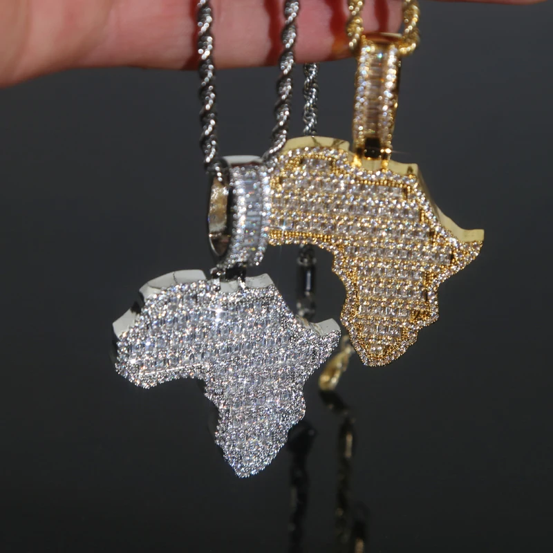 New Arrive Rectangle Cubic Zirconia CZ Paved Bling Africa Map Shaped Pendant Necklace Hip Hop Men Boy Cool Meaning Jewelry