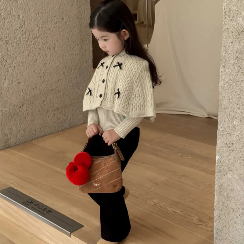 2025 Autumn Winter Cotton Children Kid Girl Clothes Daily Bow Sweater Cape Warm Thick 2Piece Set 3-10 Years Cloak Top Outfit