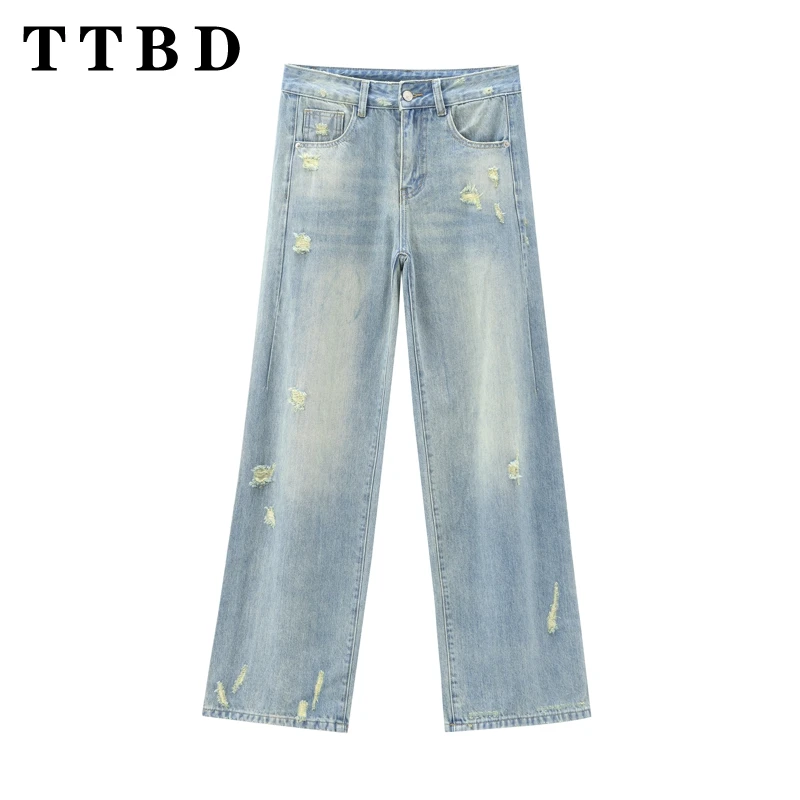 

TTBD 2024 New Vintage Women's Distressed Jeans Slim Fit Punk Rock Fashion Trousers Salt Wash Hipster Style