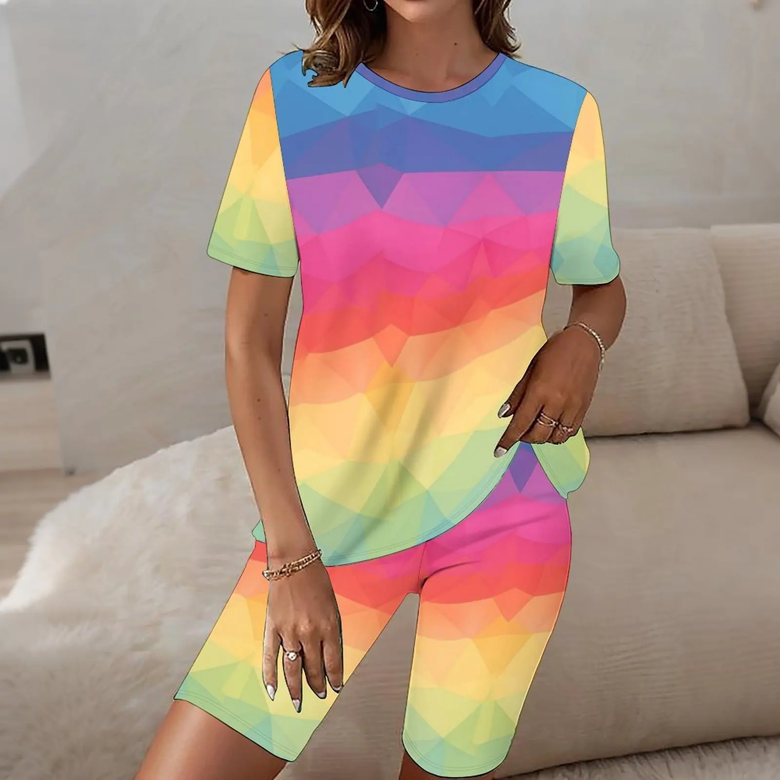 2pcs retro daily round neck tight pants spring and summer casual fashion short sleeved top
