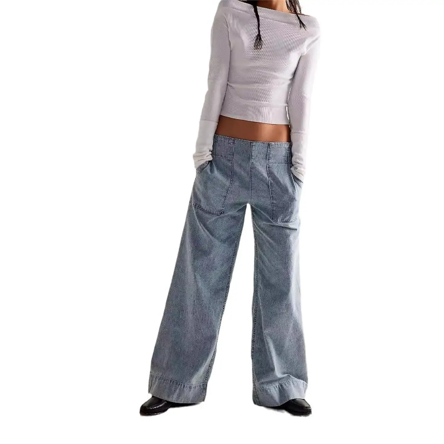 جديد 2025 جينز نسائي فضفاض واسع الساق بخصر مطاطي بنطال Faion غير رسمي متوسط الخصر من قماش الدنيم للسيدات #5