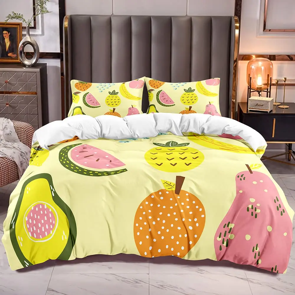 Fruit Duvet Cover Set Queen Size Microfiber Watermelon Banana Apple Pineapple Print Bedding Set Cartton Theme Small Fresh Style