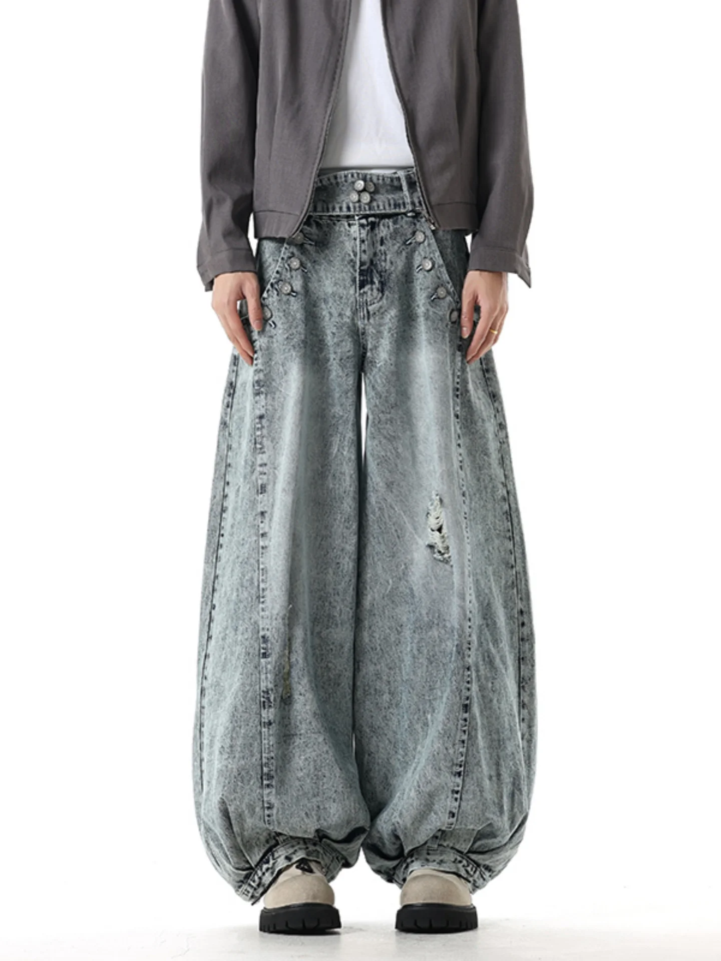 

American Style Distressed Lantern Jeans Men's Winter New Trend High Street Button Design Loose Wide Leg Pants Casual Pure Color