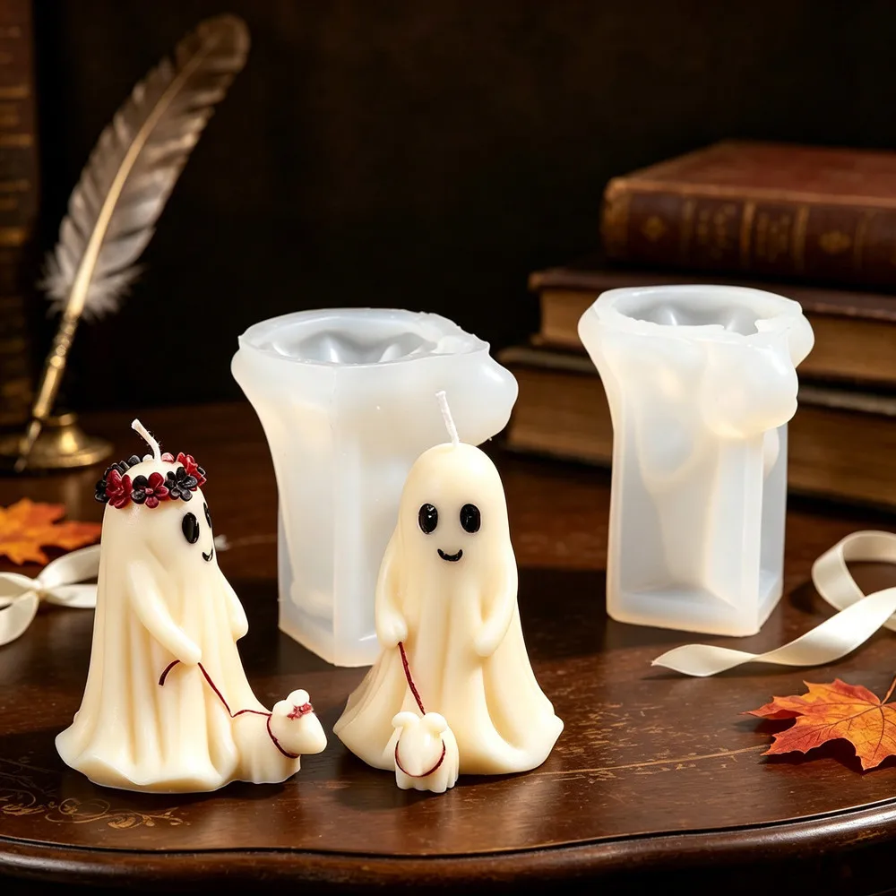 Halloween Ghost Bride & Groom Candle Mold with Couple Ghost Walking Dog Statue Detail Mold DIY Candle,Soap Making Craft Lovers view 5
