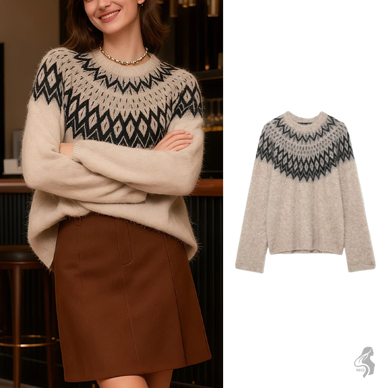 

Womens Autumn And Winter Knit Sweater Nordic Geometric Pattern Round Neck Loose Fit Versatile And Elegant For Work Woman Clothes