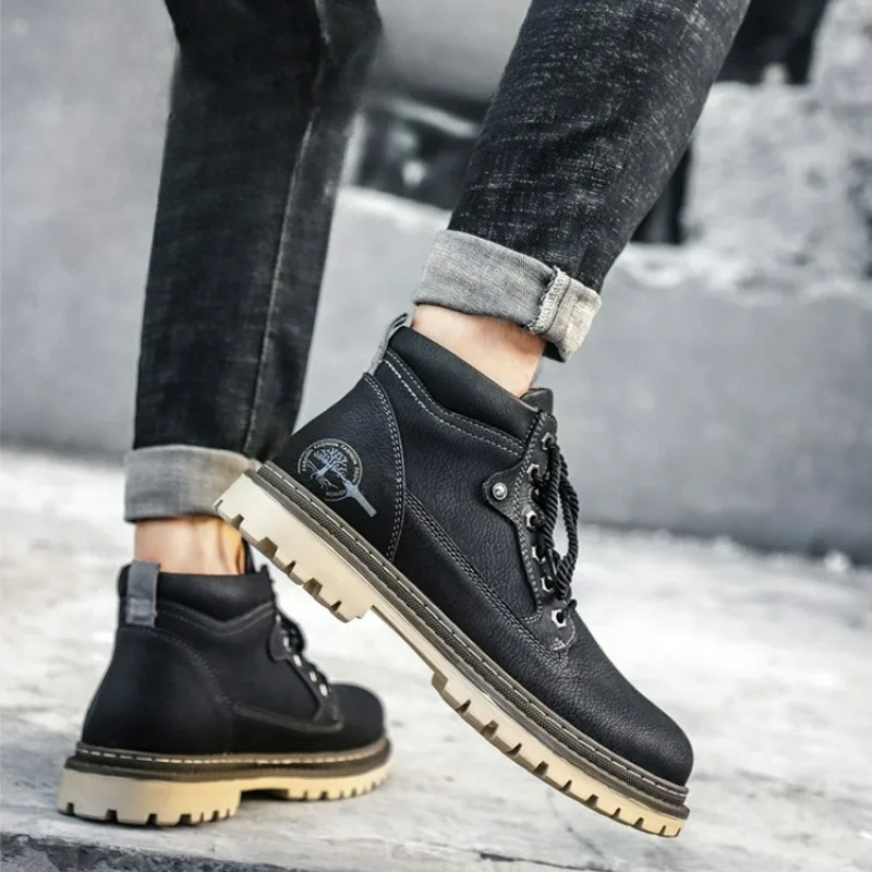 Męskie buty wysokie, casualowe, jesienno-zimowe, retro, wodoodporne botki, outdoorowe buty robocze, ciepłe sneakersy na platformie, męskie śniegowce.