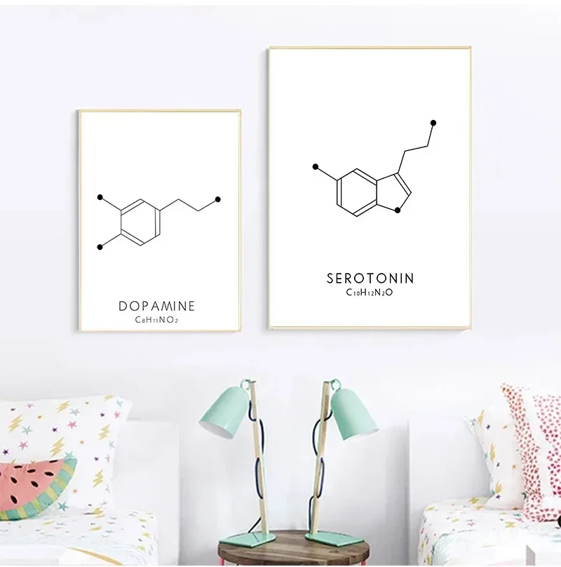 3 قطعة جزيء السيروتونين الجدار ملصق فني طباعة الأكسيتوسين الدوبامين قماش اللوحة الهيكل الجزيئي صورة الكيمياء ديكور المنزل