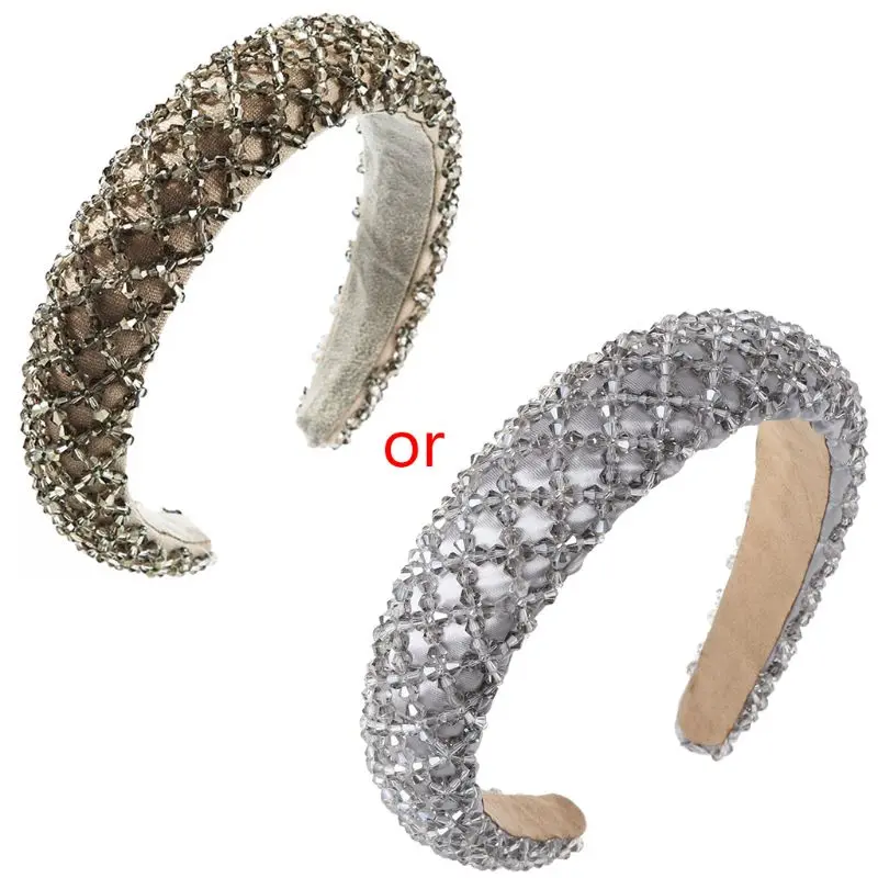 Womens Thick Sponge Padded Headband Rhombus Faux Crystal Glass Beads Hair Hoop Handmade Weave Solid Color Jewelry N58F