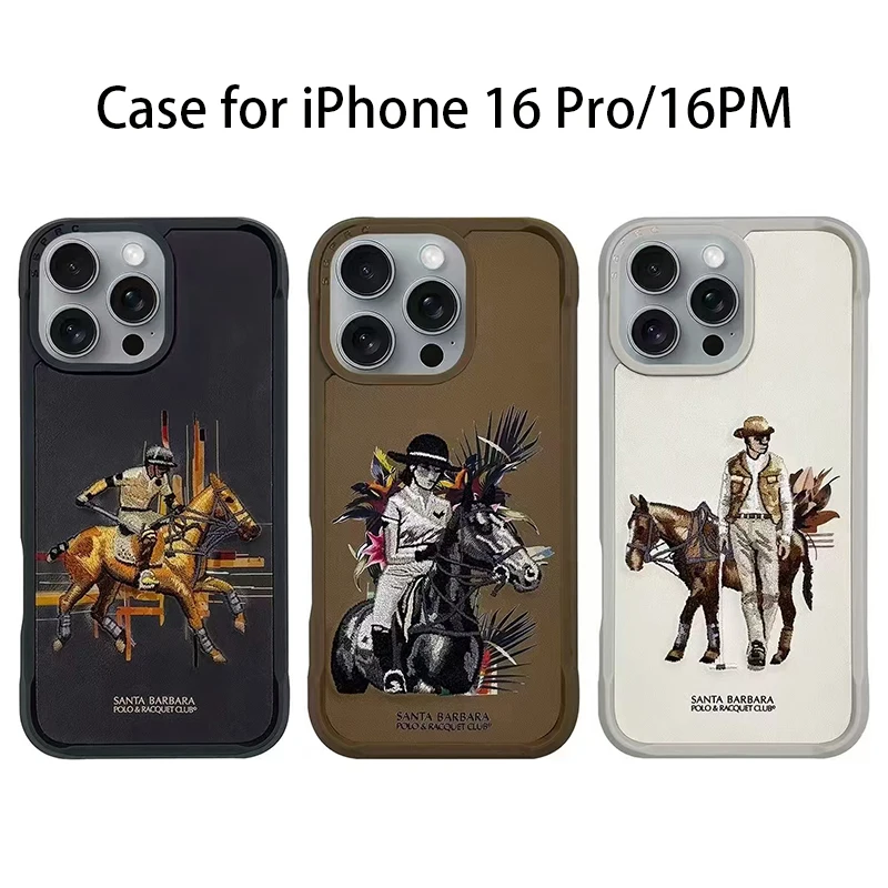 

3D Embroidered For iPhone 16 Pro Max Case Leather Cedric Protective Cover For iPhone 16 Pro Brown Black Beige Horse Case