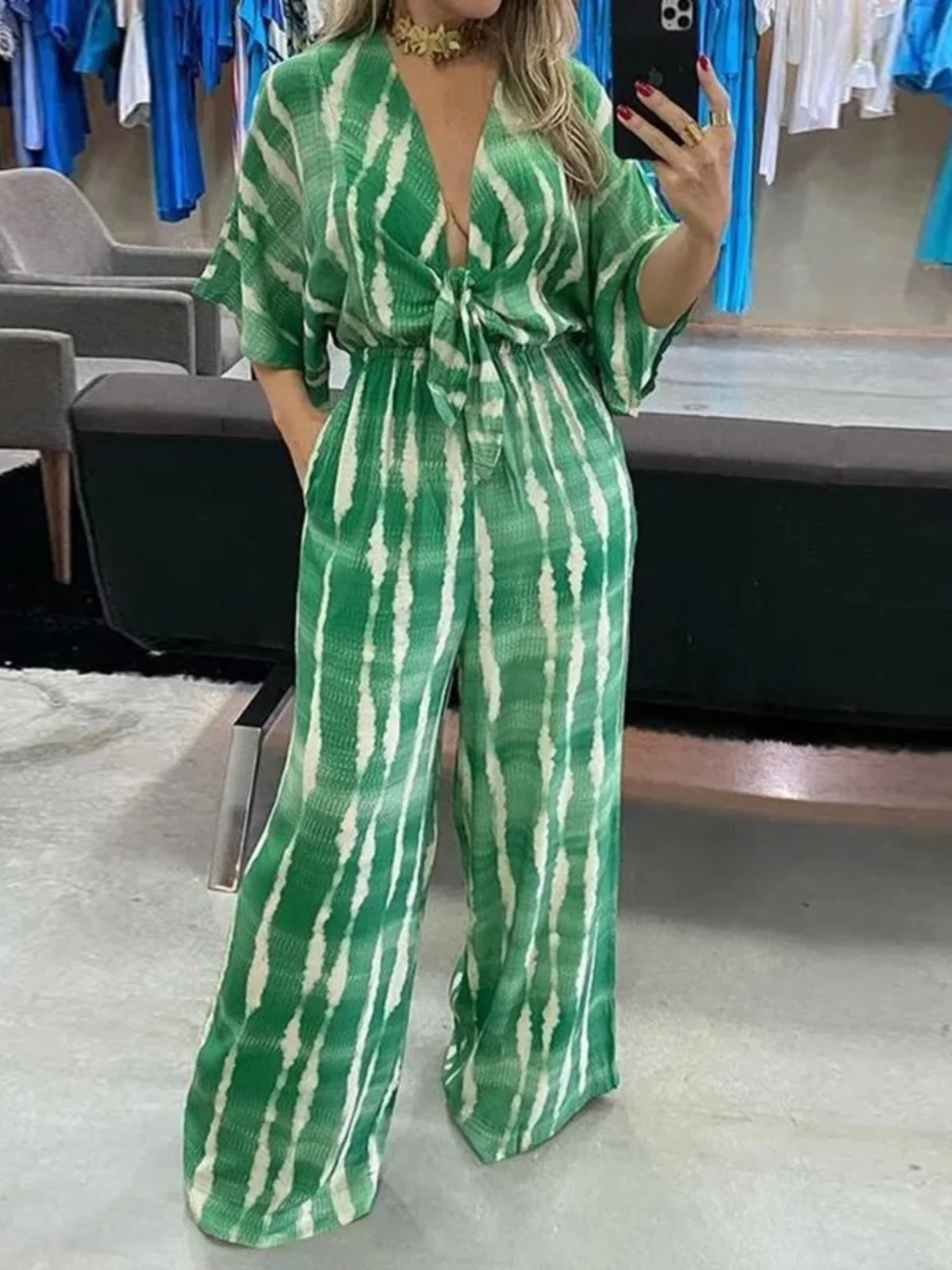 

Loose V-neck Lace-up Printed Jumpsuit Street Style High Waist Long Pants Asymmetric Design Comfortable Women's One-Piece Suit