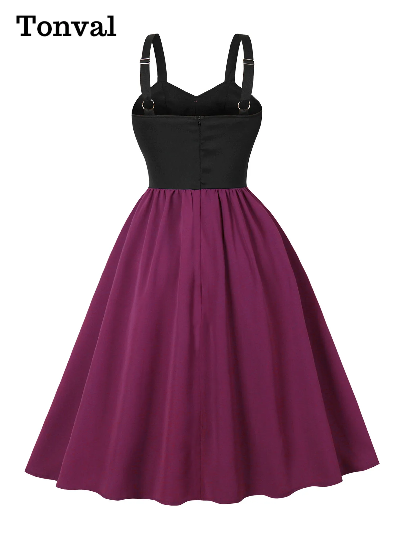 Tonval – robe de soirée d'halloween brodée de chat bicolore noir et violet pour femmes, boutons sur le devant et robes plissées évasées