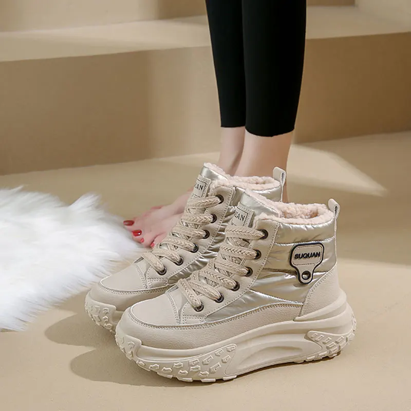 

Женские зимние модные ботинки на толстой платформе с флисовой подкладкой, теплые, высокие, спортивные, хлопковые, нескользящие, в корейском стиле, короткие