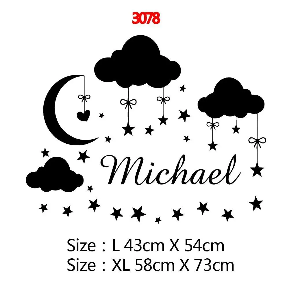 Custom Name Clouds Moon Stars Wall Sticker Vinyl Art Decals for Kids Babys Room Decoration Girls Bedroom Decor Mural