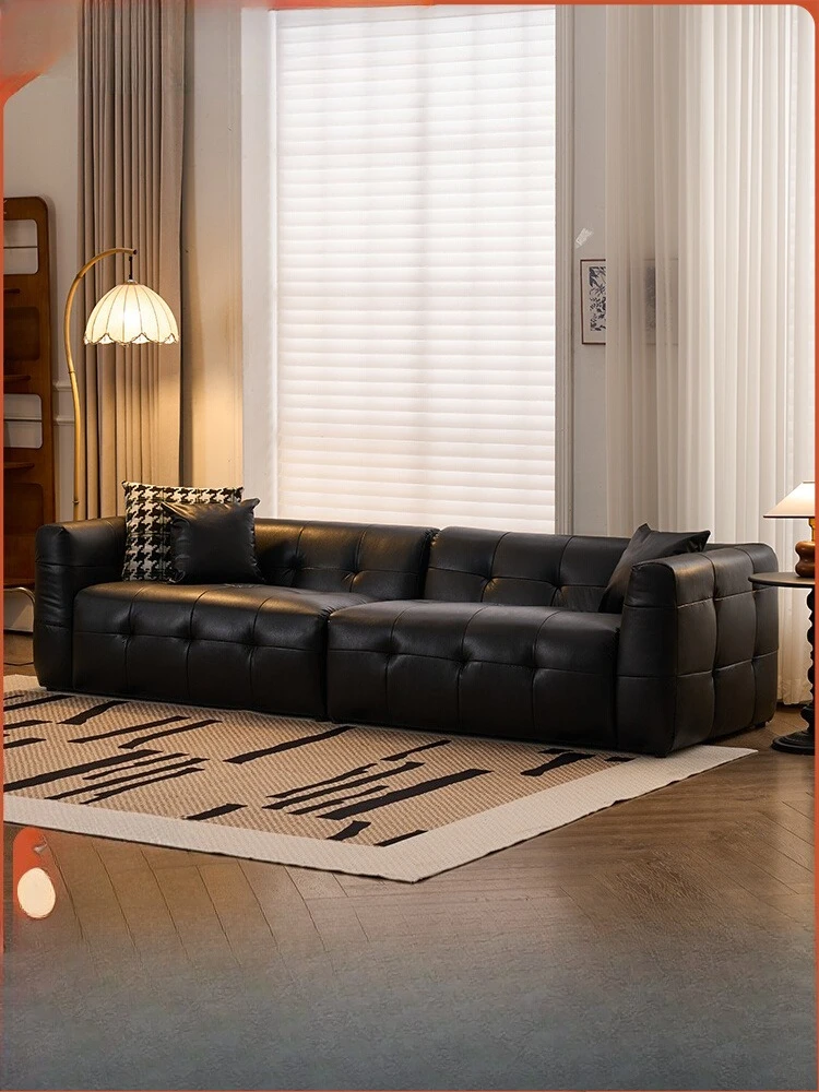 أريكة مارشميلو سوداء، شقة صغيرة، غرفة معيشة 2025، متجر ملابس فرنسي جديد، أريكة فنية جلدية لمشاهير الإنترنت