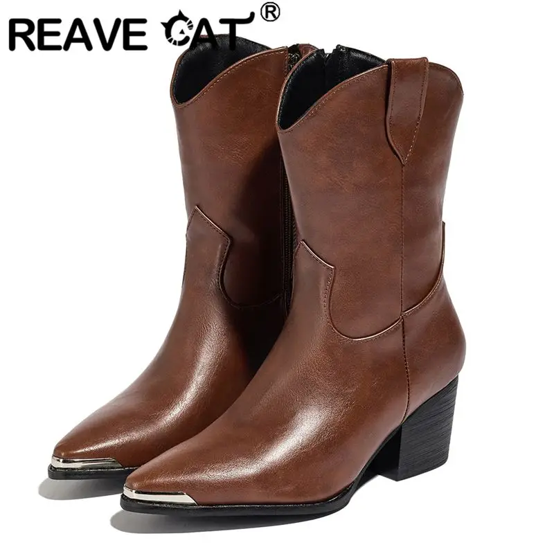 

REAVE CAT 2025 Luxury Women's Mid Calf Footwear Pointed Toe Block Heels 6cm Big Size 41 42 43 Casual Retro inspired Bota