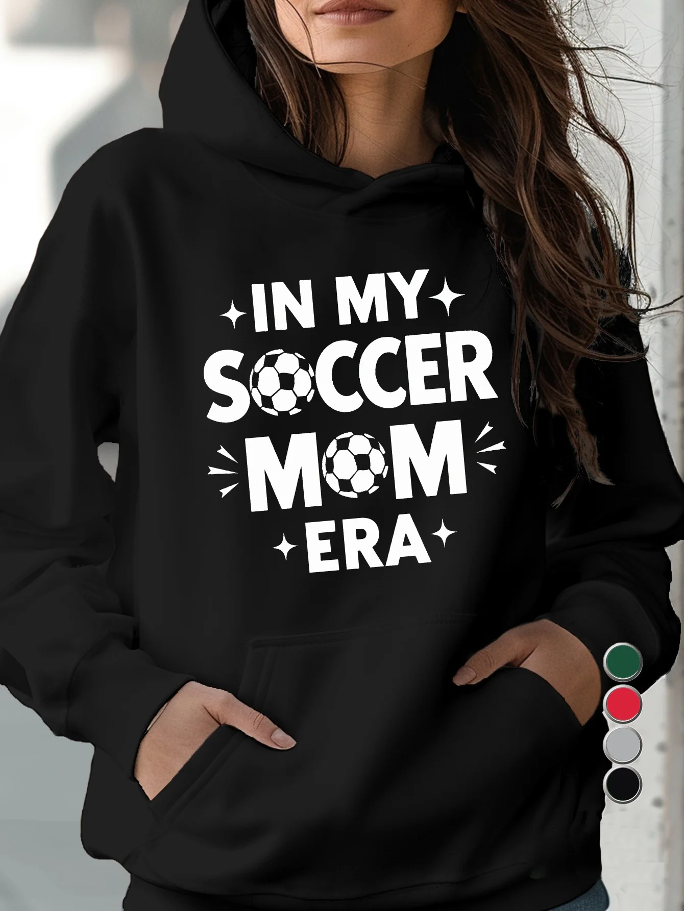 

The ladies' casual hoodie from my era of football moms - black geometric pattern, featuring a football ball design