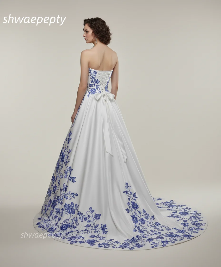 Blue Floral Embroidery Classic Wedding Dress Strapless Sleeveless A-Line White Satin Bridal Gowns Garden Elegant Robe Customized view 2