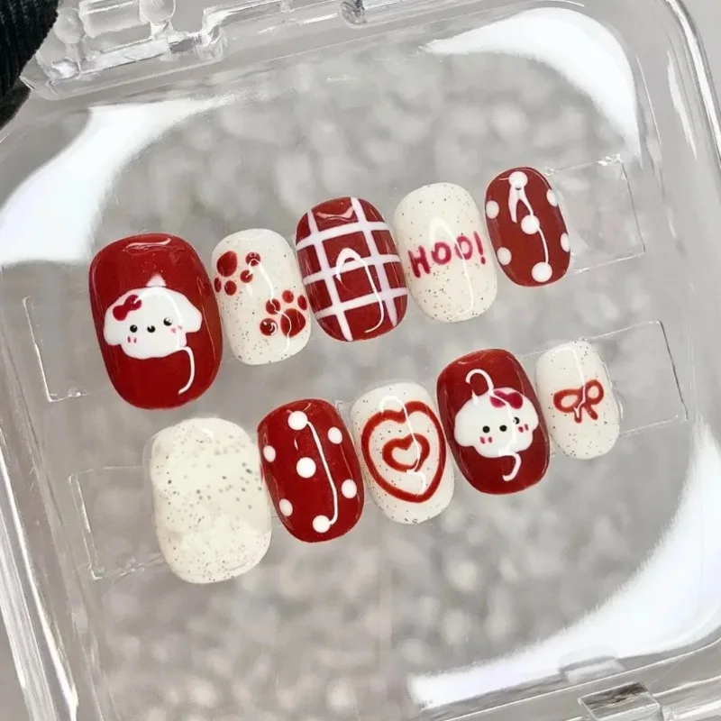 

30pcs Fake Nails Shy Puppy Bow New Year Cute Heart Short Square Round Press-on Nail Tips Perfect Gifting for Girls and Friends