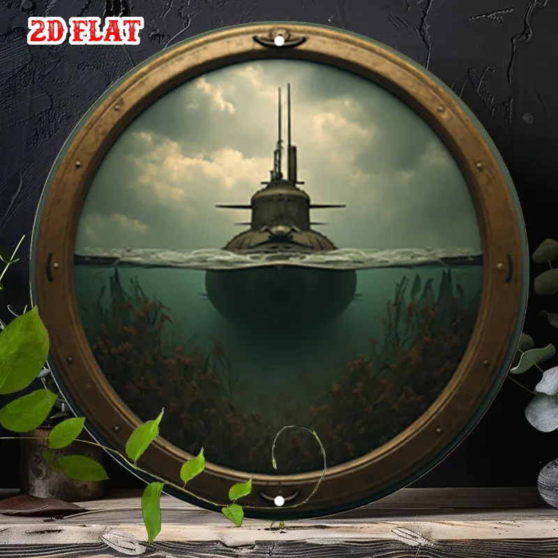 1pc 2D Flat Vintage Metal Sign Featuring A Vintage Steam-Powered Submarine Moves Through The Water At Sunset Round Poster for