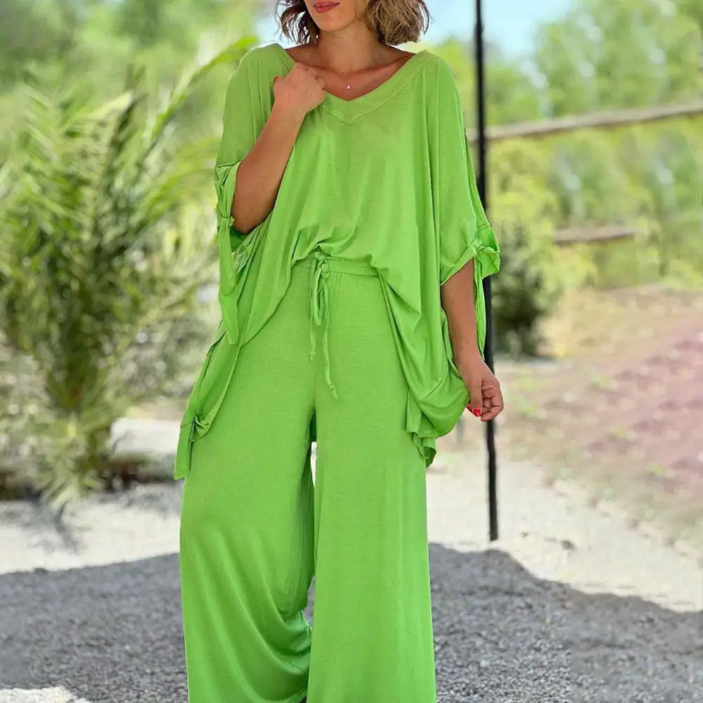 

Solid Color Summer Female Outfits 2pcs/set Loose Women's Two Piece Set Casual Pullover Short Sleeve Top Wide Leg Pants Set