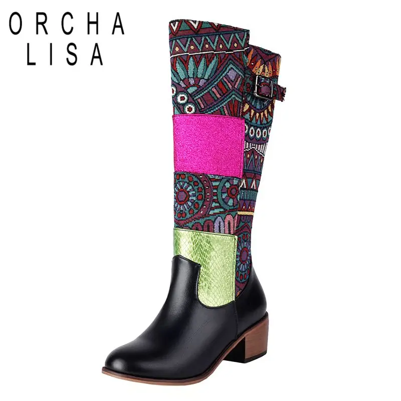 

ORCHALISA Retro Women Riding Knee High Boots Round Toe 4.5cm Chunky Heel Zipper Mixed Color Print Big Size 44-46 Fashion Booties