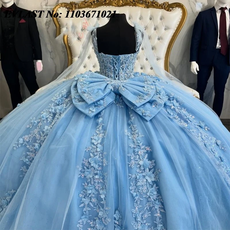 EVLAST Customized Blue Quinceanera Dress Ball Gown 3D Flowers Applique Beading Cape Bow Sweet 16 Vestidos De XV 15 Anos SQ129