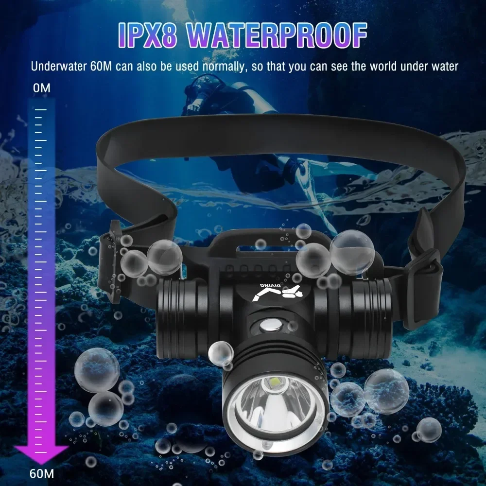 BORUiT B14 1200LM LED Scuba Diving Headlamp IPX8 Waterproof Underwater 60M Headlight 3-Mode Use 18650 Battery Diving Light