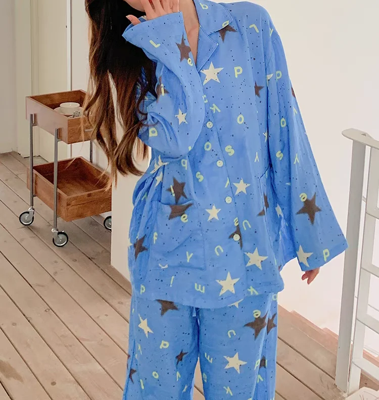 Koreanischen Stil Stern Pyjamas Set Jugend Frauen Frühling Y2k Kleidung Hip Hop Harajuku 2000s Blau Pijamas Hause Pjs Nachtwäsche für Schlafen