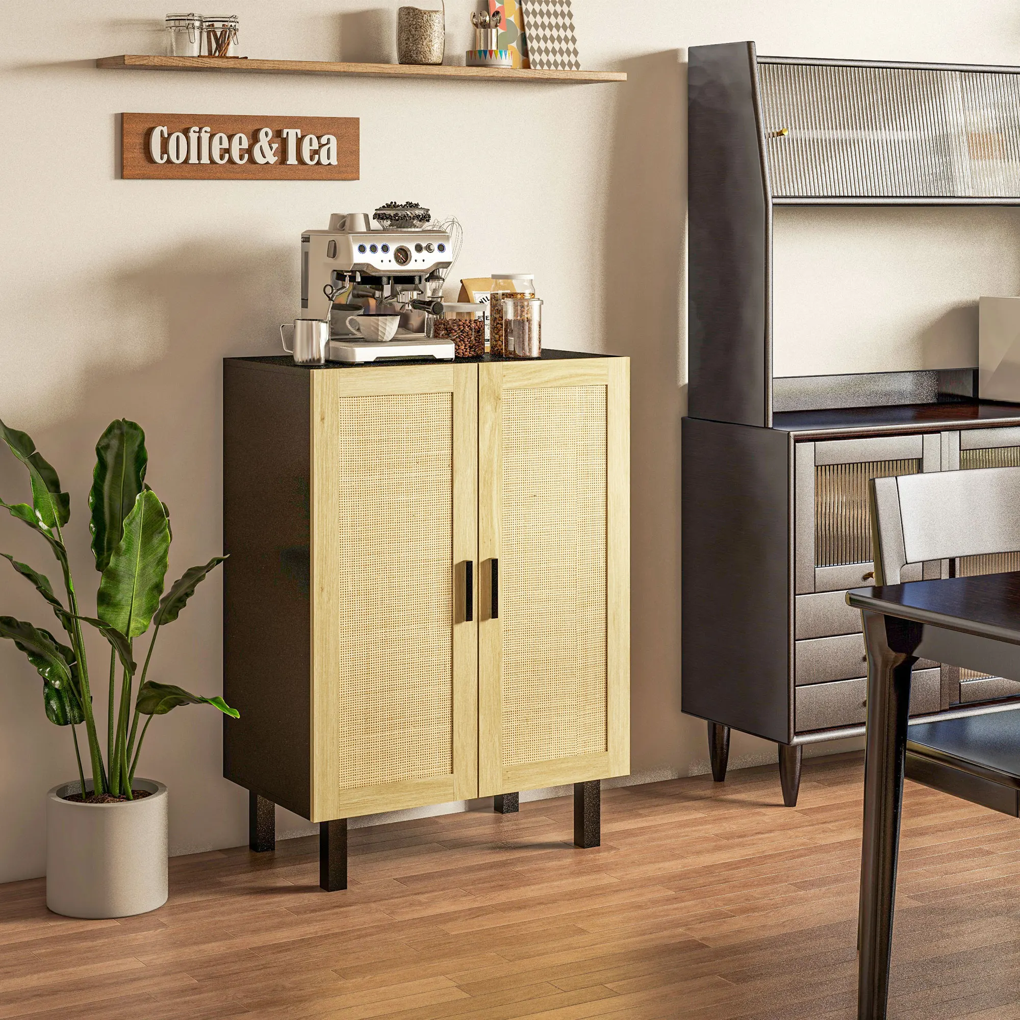 

Kitchen Storage Cabinet W/ 2 Rattan Doors Adjustable Shelves, Black and Natural