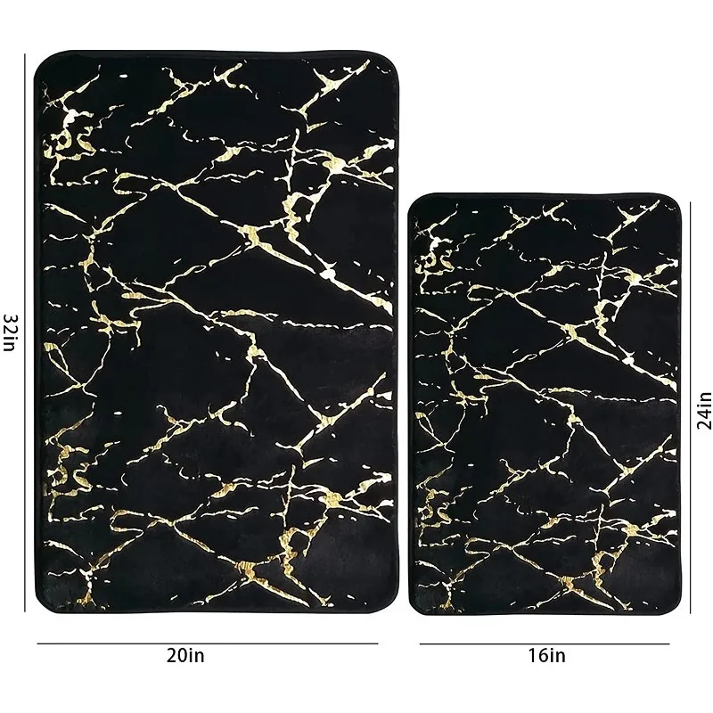 Inyahome Marble Bathroom Rugs Nonslip Black Gold Bathroom Mats Ultra Soft Washable Bath Mats for Bathroom Floor Mats Carpet