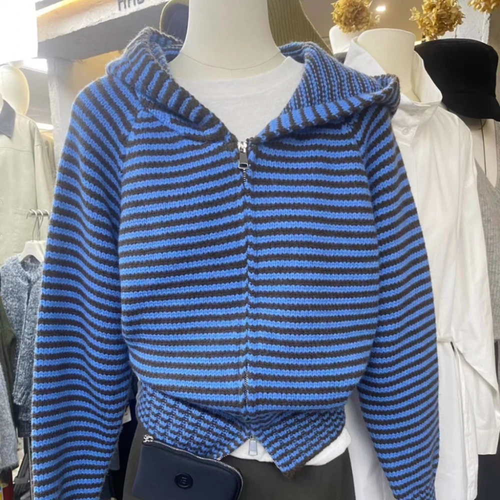 اليابانية Y2K Harajuku الساخن فتاة الرجعية التباين مخطط محبوك هوديي الخريف/الشتاء المرأة فضفاضة عادية سستة سترة ايمو #3