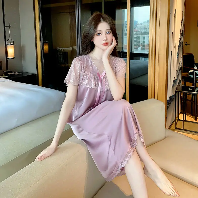 Ice Silk Pajama Dress for Women Summer Short Sleeved Sleepshirts Thin Sexy Lace Nightgowns Bow High-end Oversized Loungewear