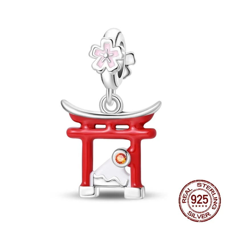 

925 Sterling Silver Japanese Torii Shrine Cherry Blossom Souvenir Pendant Fit Original Charm Bracelets Women DIY Jewelry Gift